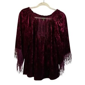 Melissa Paige Small Burgundy Wine Crushed Velvet Fringe Whimsy Goth Blouse